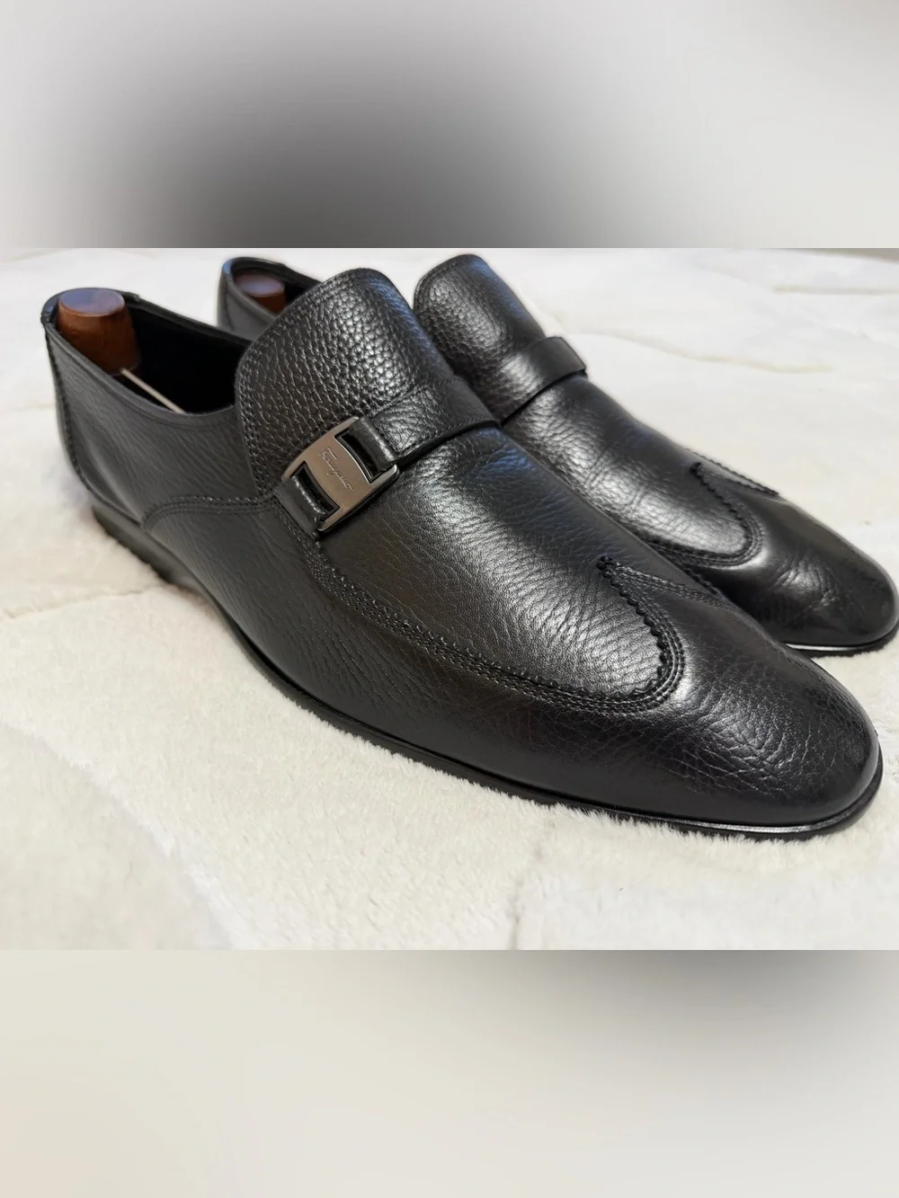$950 Salvatore Ferragamo Black Leather Strap Silver Gancini Buckle Loafers 11
